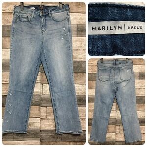 NYDJ Jeans Women’s 10 Marilyn Ankle Denim Blue (Inseam 25) Embroidered Stars